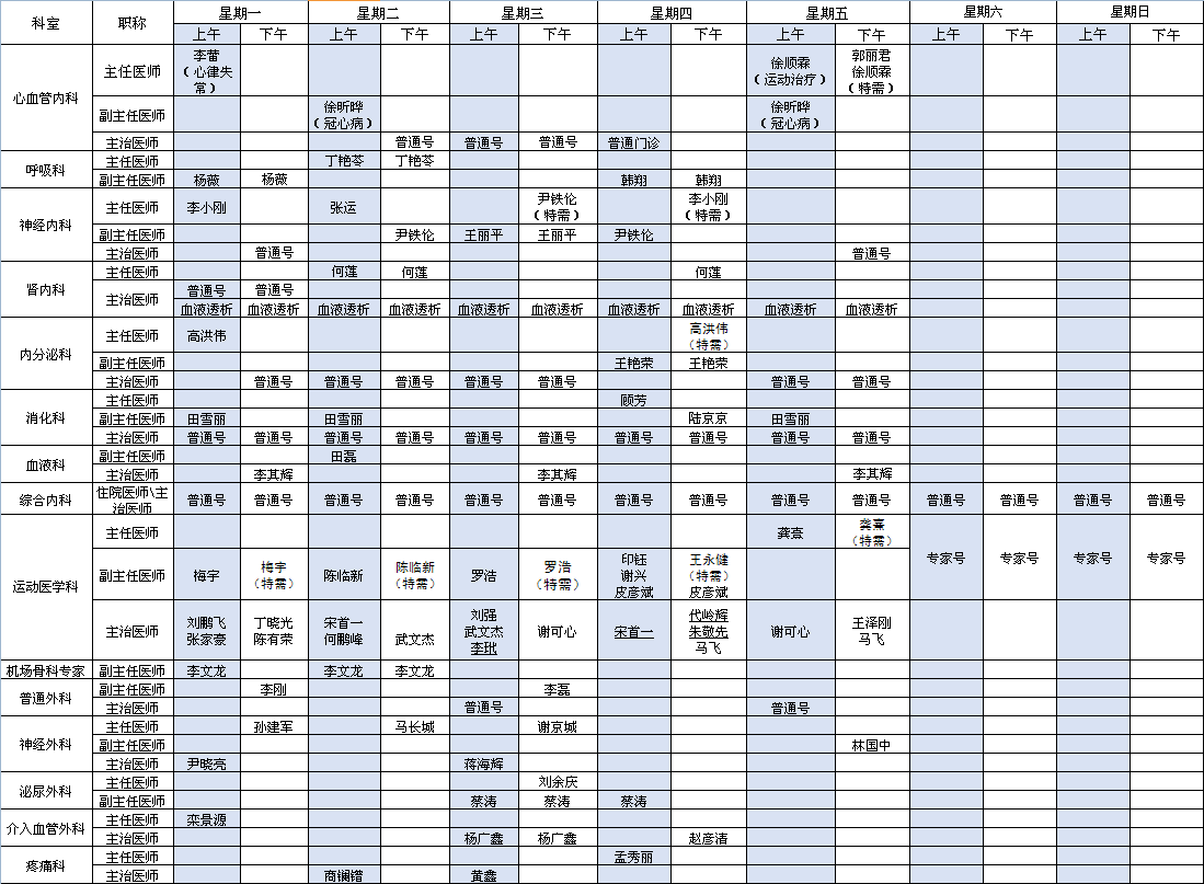 首都机场院区2022年10月门诊安排