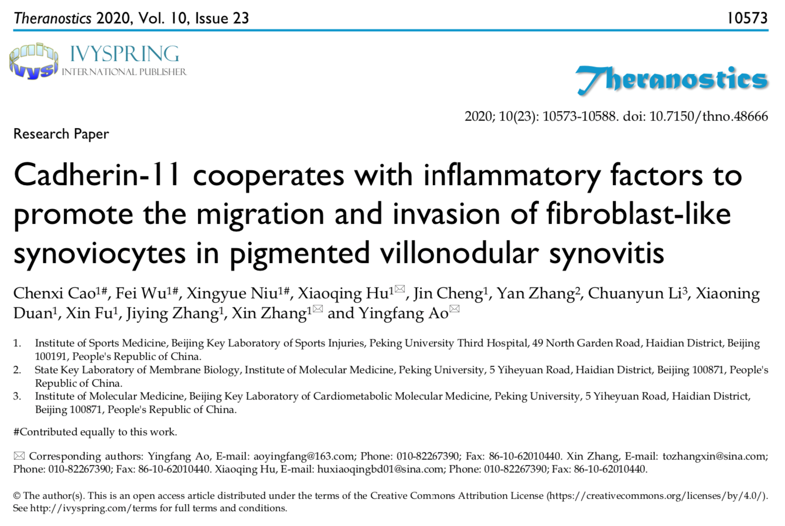 北京大学运动医学研究所敖英芳教授团队发表最新研究结果，首次揭示了Cadherin-11协同炎症因子在PVNS发病过程中的作用机制