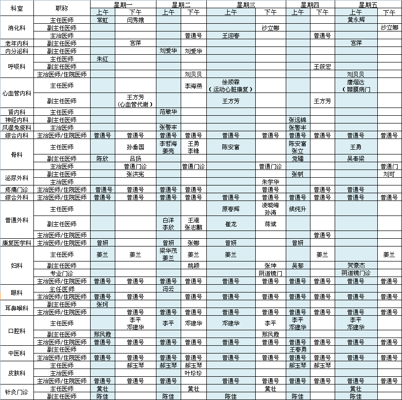 北方院区2021年7月出诊安排