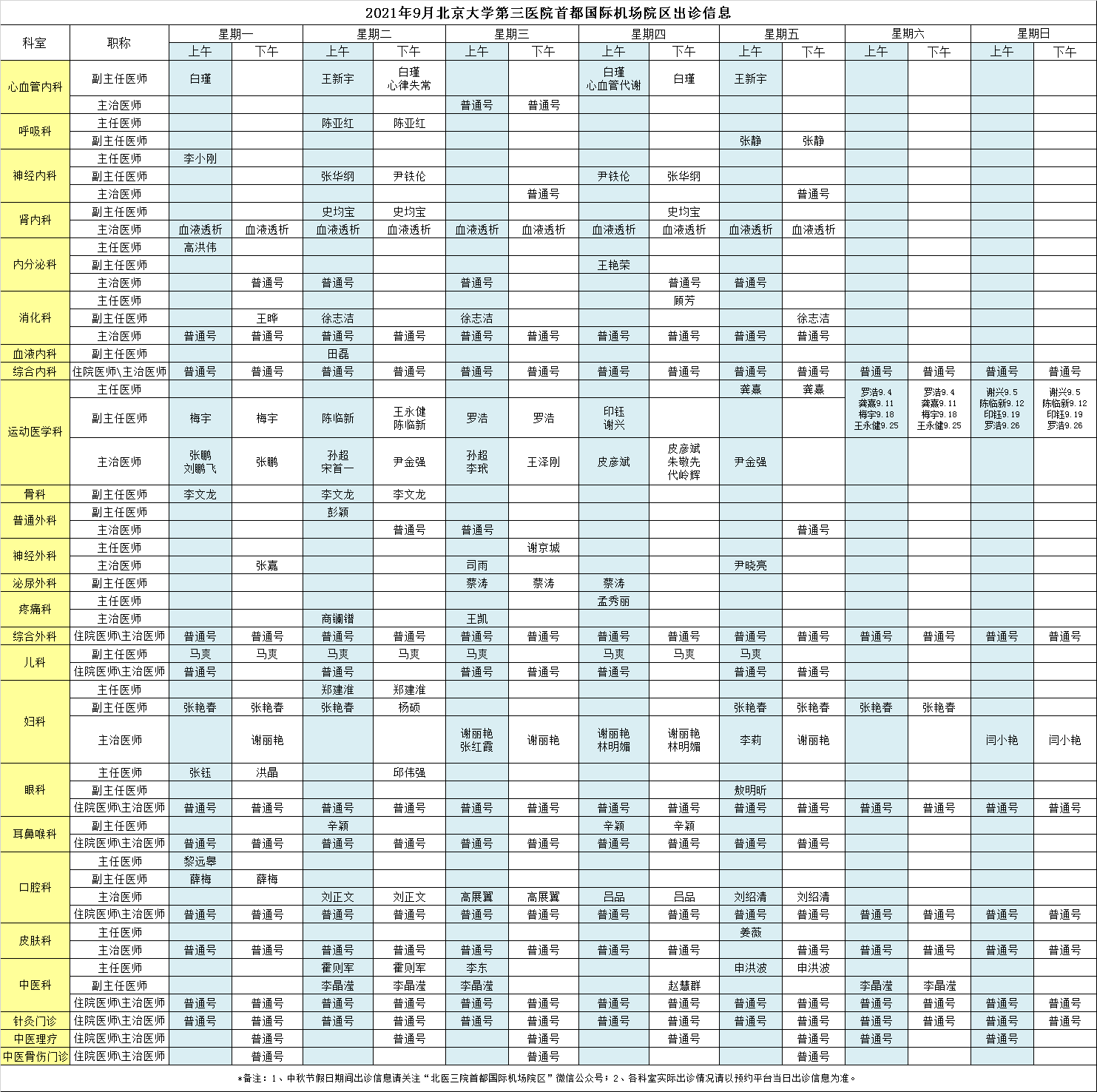 北京大学第三医院首都国际机场院区2021年9月门诊出诊信息