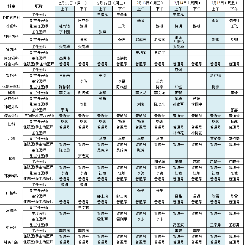首都国际机场院区2019年2月11日-15日出诊安排