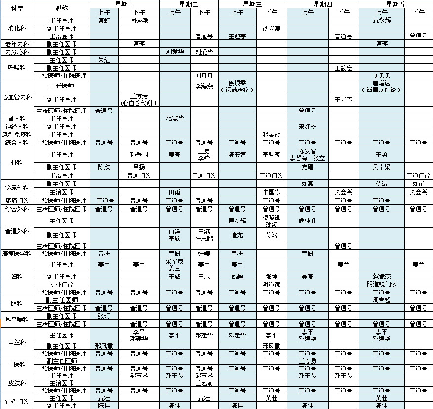 北方院区2021年9月出诊安排