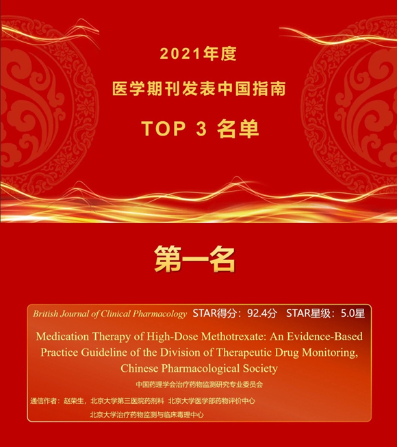 我院药剂科牵头制定的《中国大剂量甲氨蝶呤循证用药指南》荣登2021年度中国指南STAR评级榜首