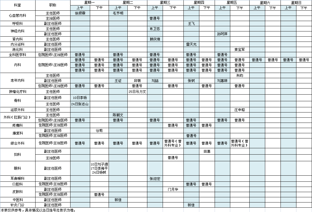 中央党校院区2022年10月出诊安排