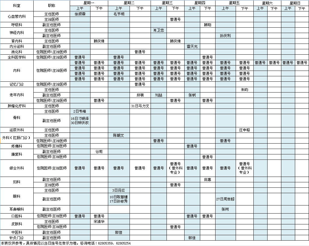 中央党校院区2021年8月出诊安排