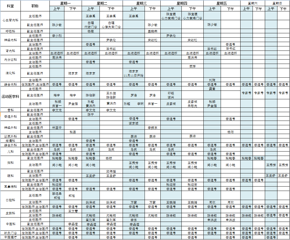 首都国际机场院区2020年11月出诊安排