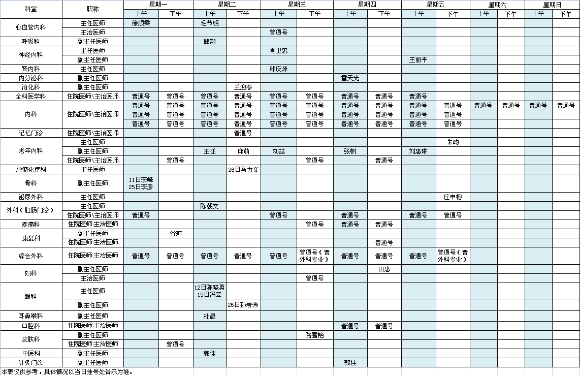 中央党校院区2022年4月出诊安排