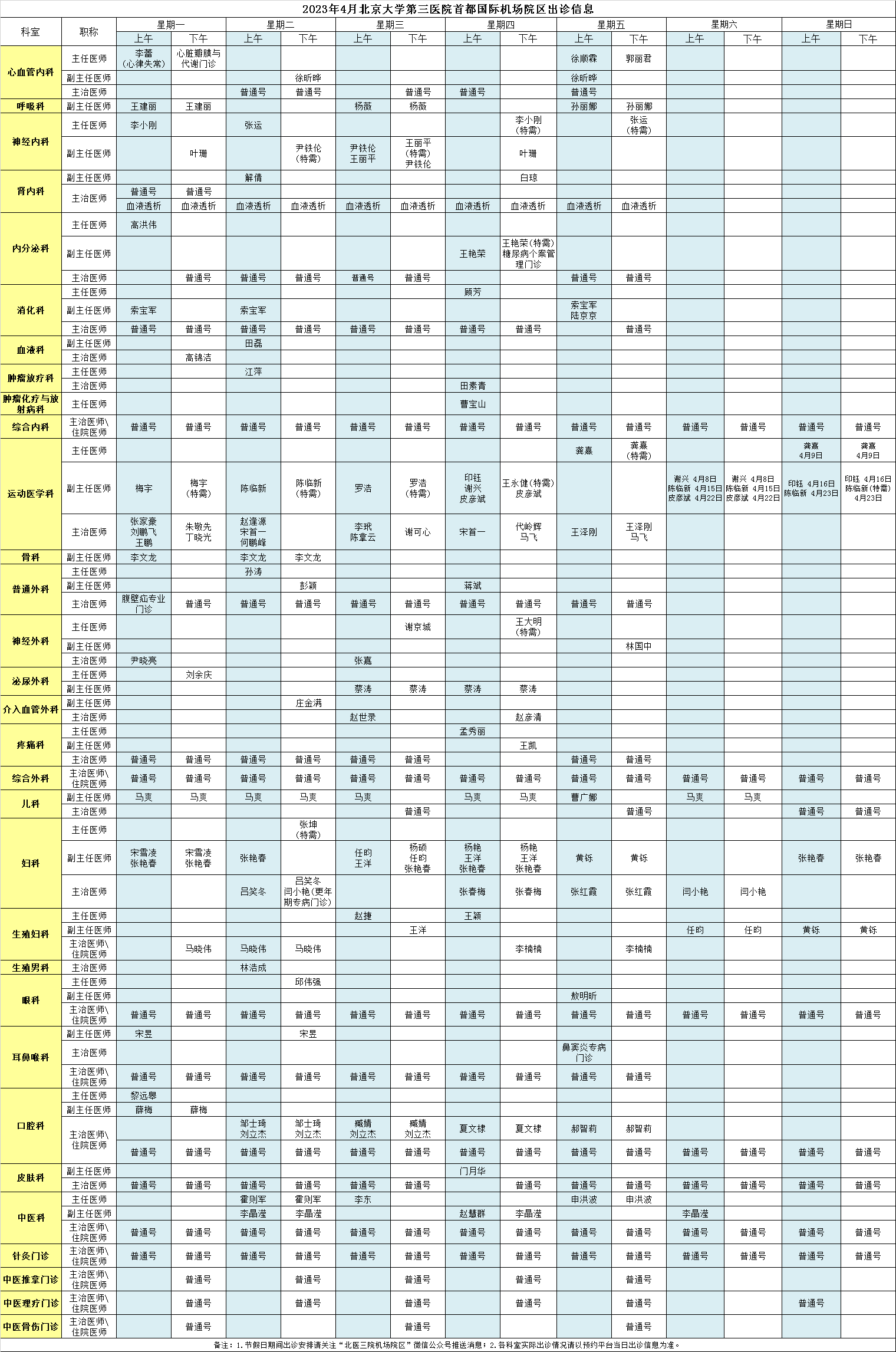 北医三院机场院区2023年4月门诊出诊信息