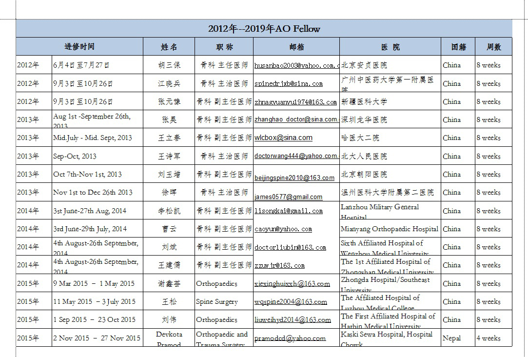 2012年至2019年AO Fellow名录