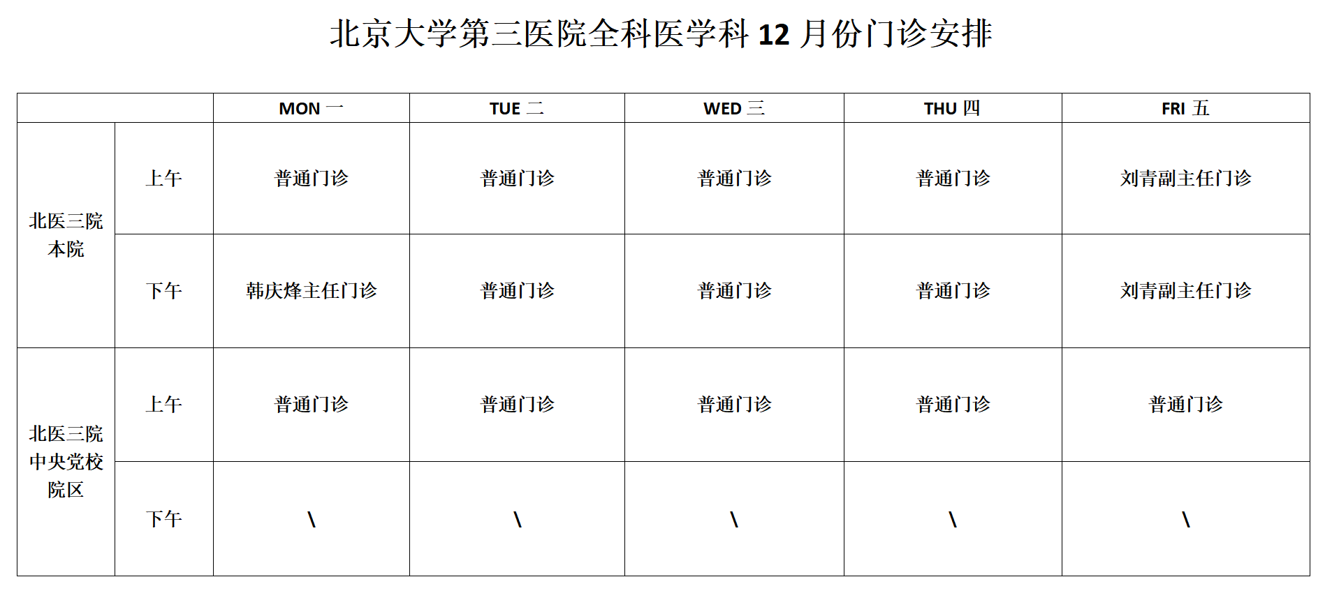 北京大学第三医院全科医学科12月份门诊安排