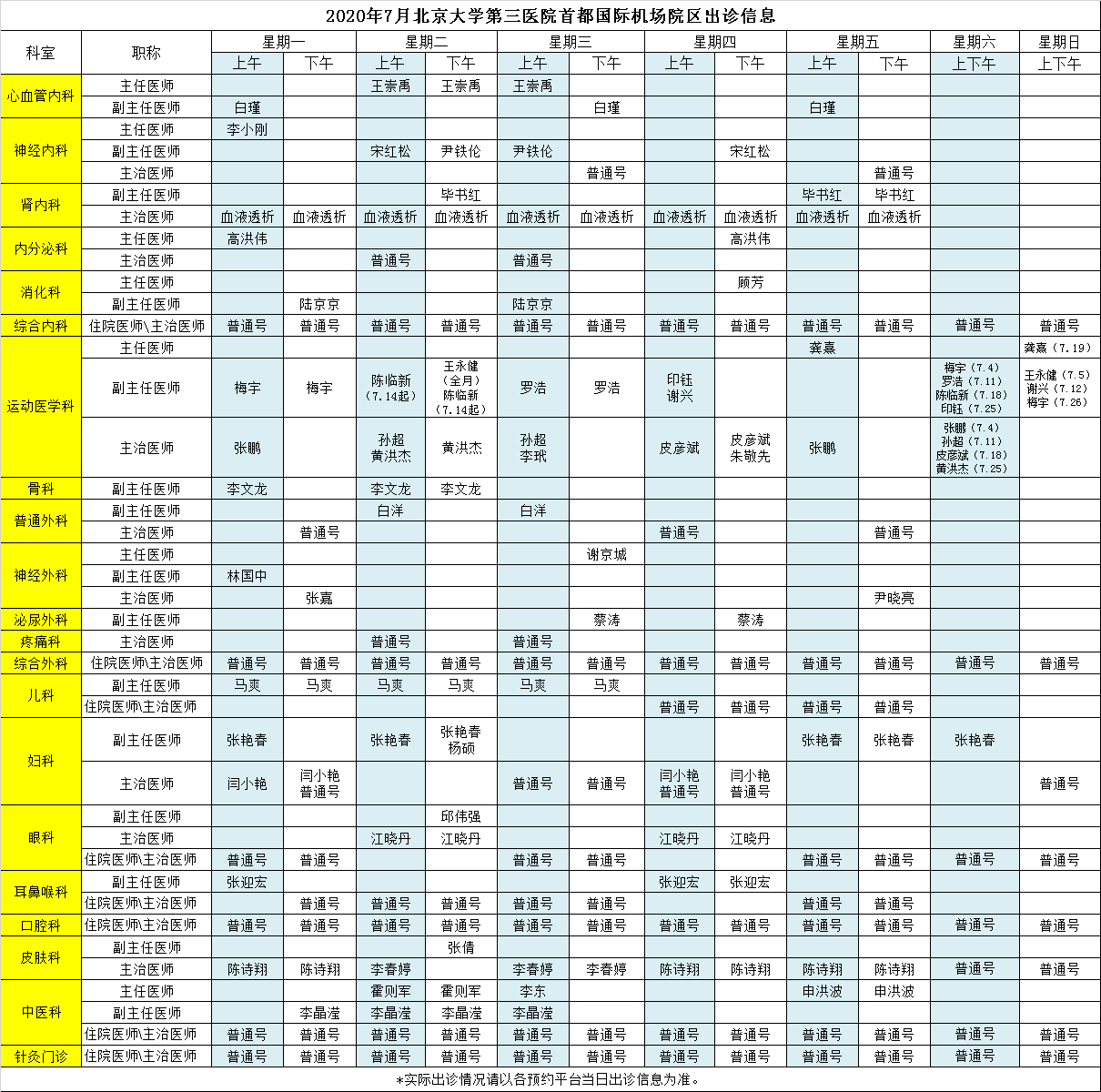 北医三院机场院区2020年7月出诊信息