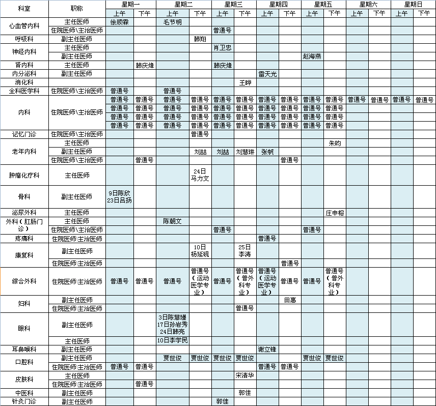 中央党校院区2020年11月出诊安排