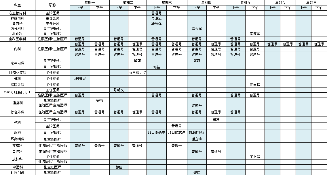 中央党校院区2023年1月出诊安排