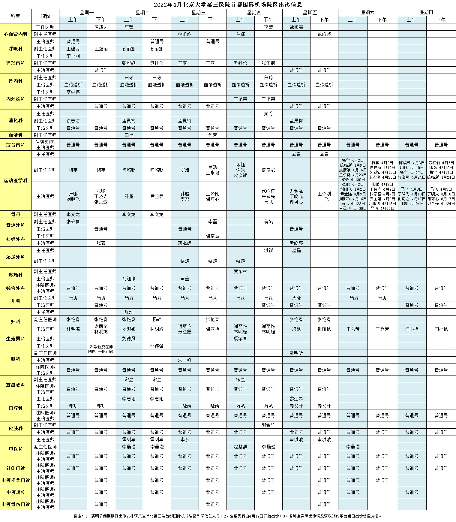 北医三院机场院区2022年4月门诊出诊信息