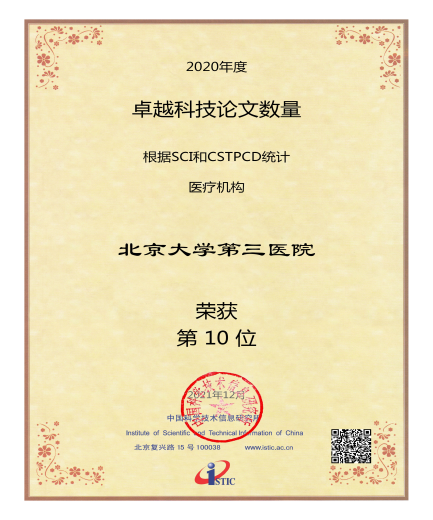 2020年度中国科技论文统计结果公布 北医三院多项排名提升