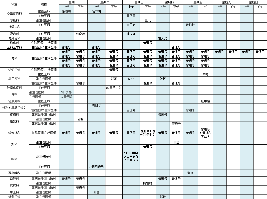 中央党校院区2021年7月出诊安排