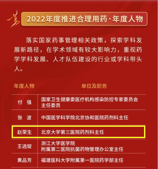 2022年度推进合理用药榜单公布 我院药剂科赵荣生教授荣获年度人物和科普榜样两个奖项