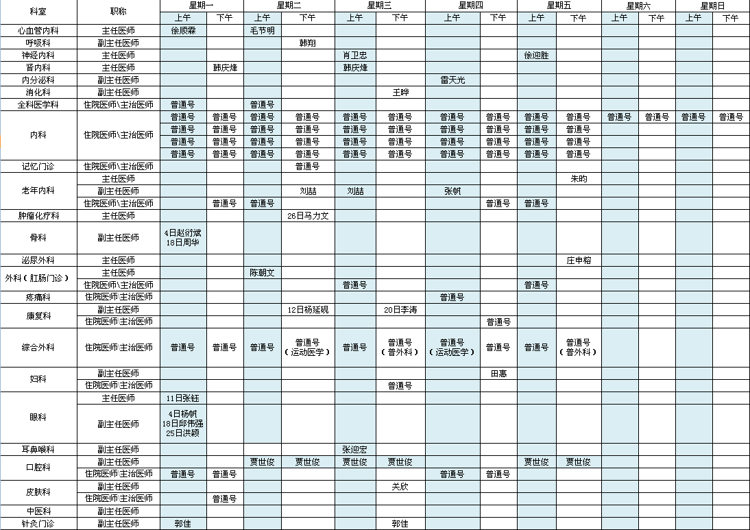 中央党校院区2021年元月出诊安排