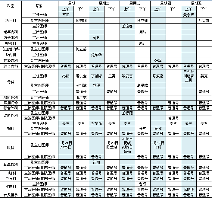 北方院区2020年9月出诊安排