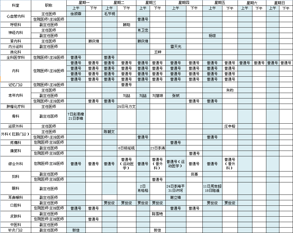 中央党校院区2020年12月出诊安排