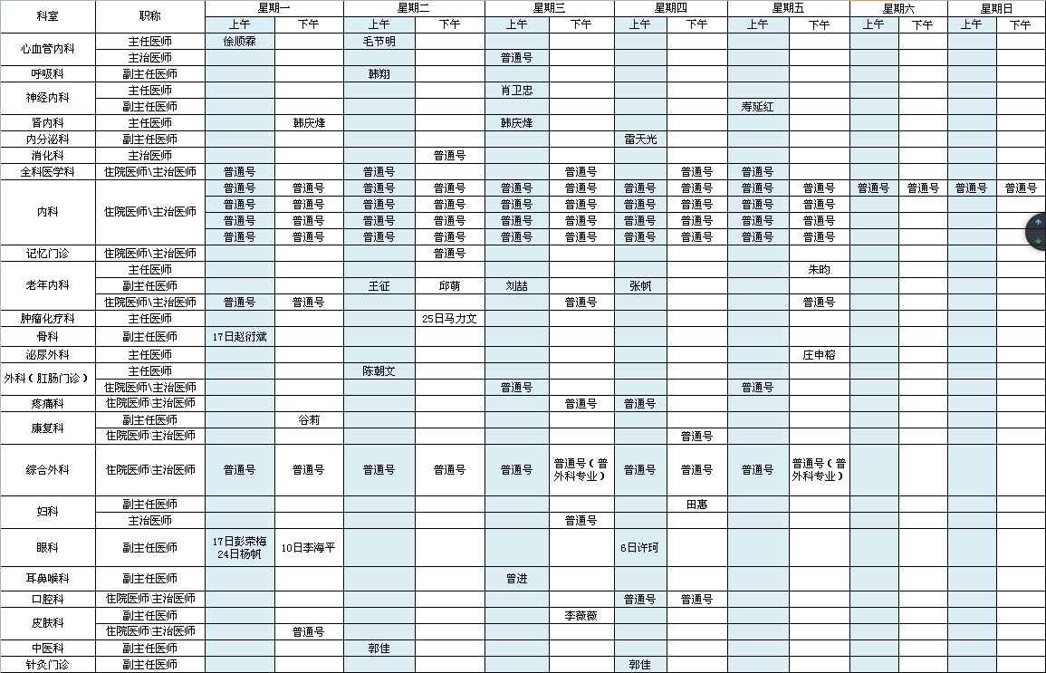 中央党校院区2022年元月出诊安排