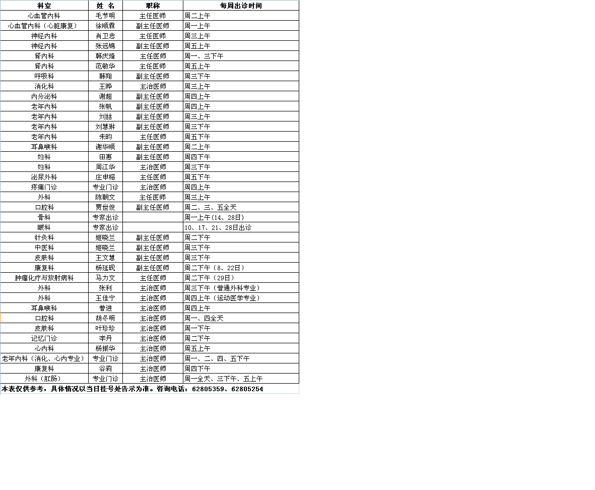 中央党校院区2019年10月专家出诊一览表