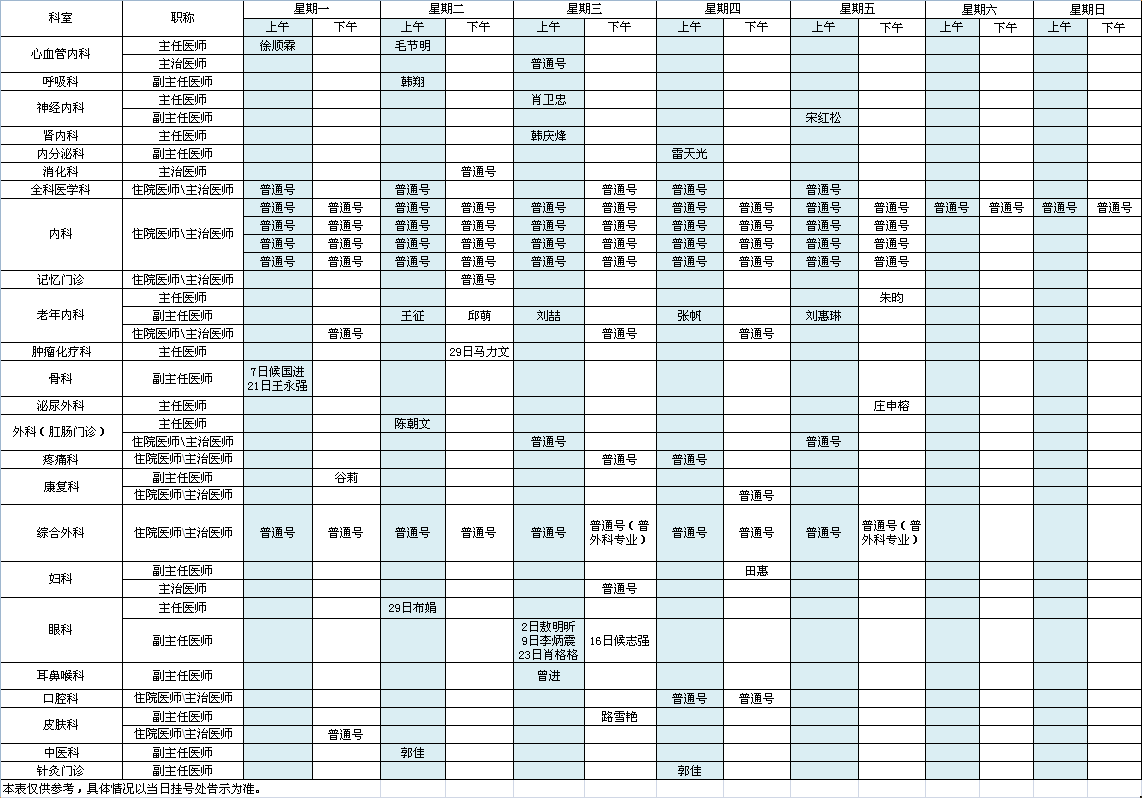 中央党校院区2022年3月出诊安排